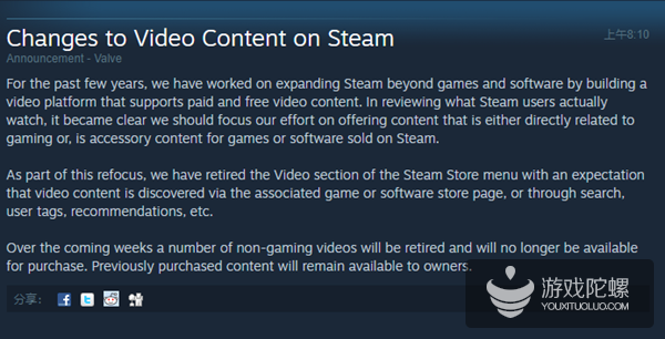 V社宣布下架Steam商店中非游戏类视频内容