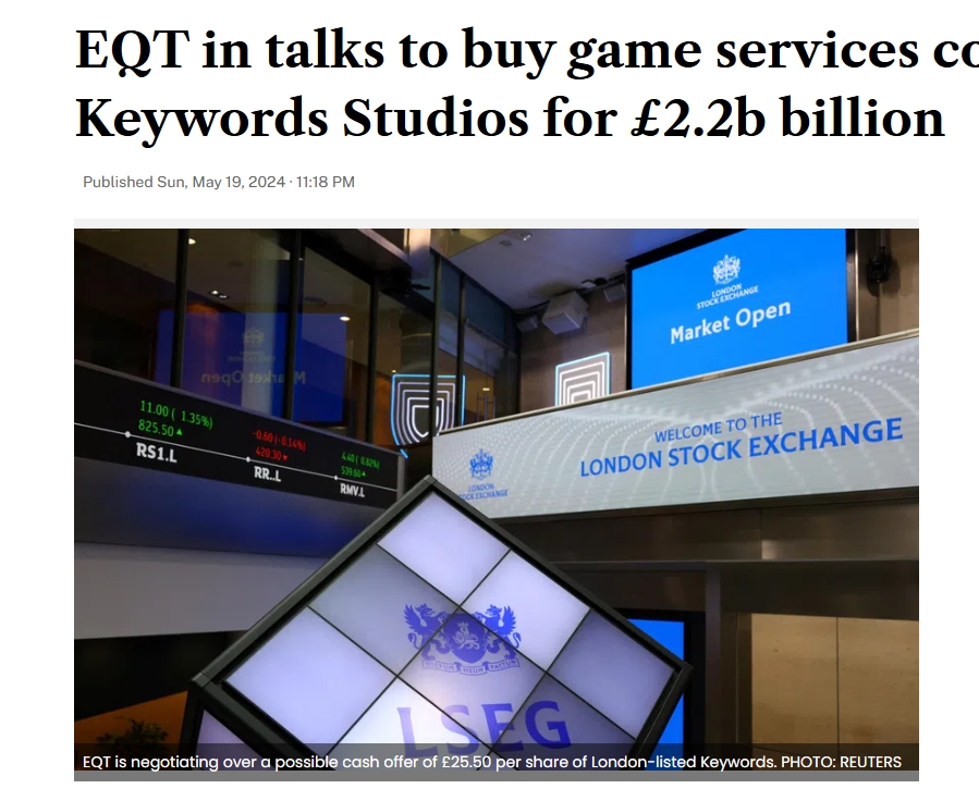 殷拓拟22亿英镑，溢价约73%收购电子游戏服务公司Keywords Studios